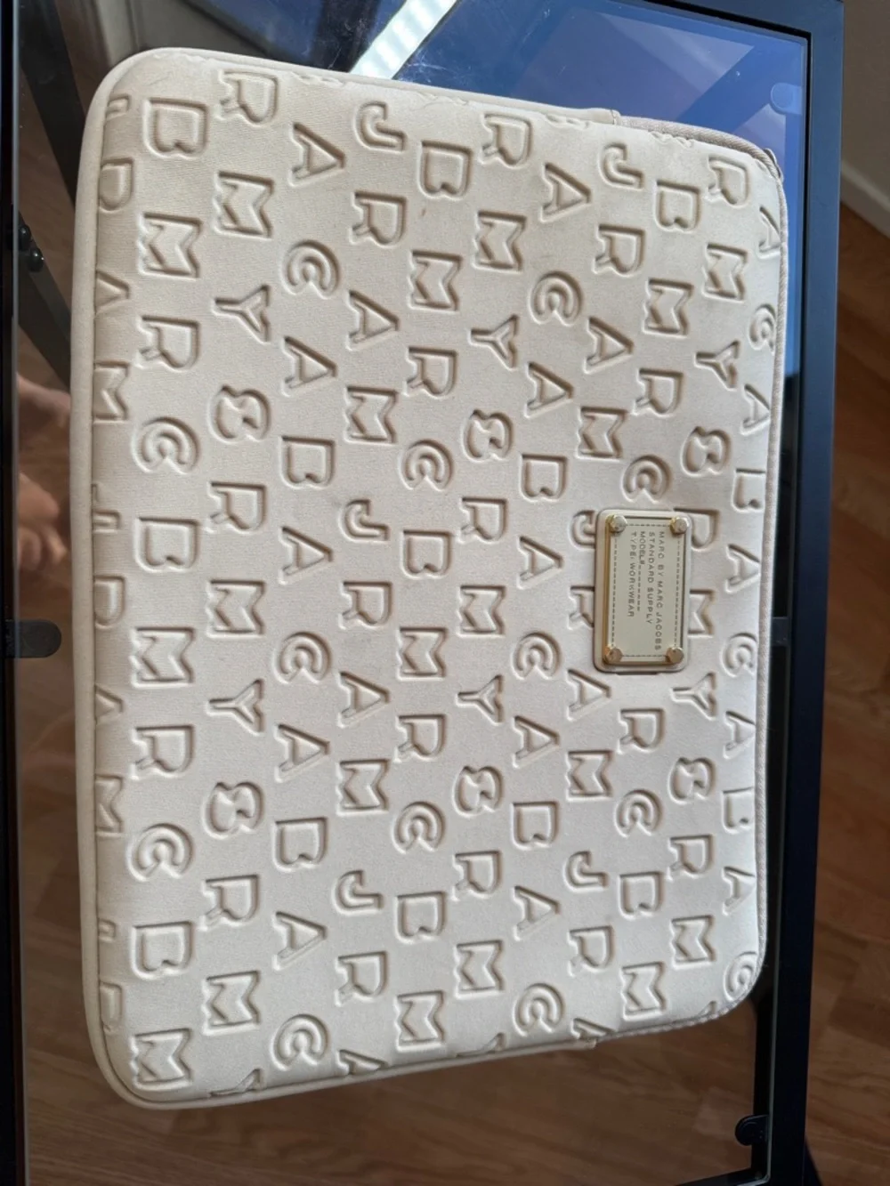 13” Marc by Marc Jacobs Cream Embossed Logo Laptop Sleeve with Gold Plate